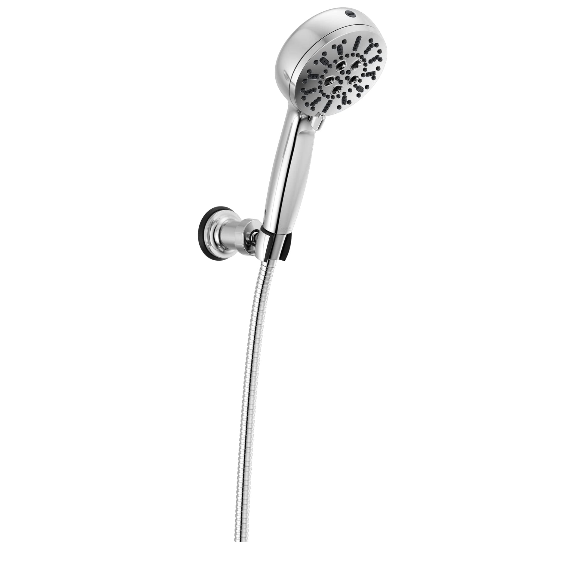 Chrome wall-mounted hand shower with multiple spray holes and flexible hose connection.