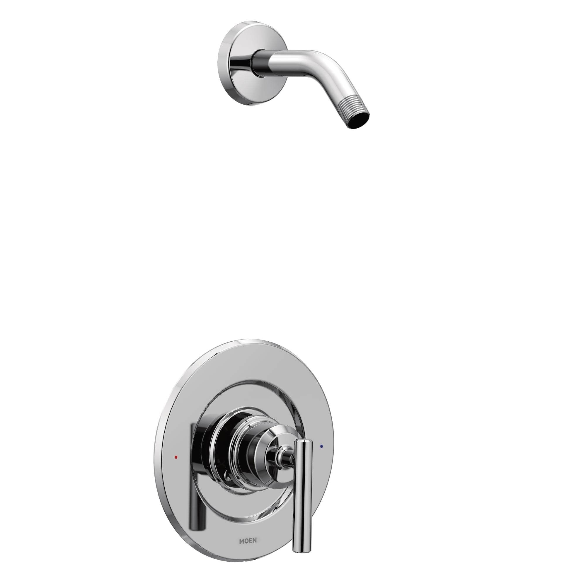 Chrome shower trim valve with single handle and curved arm outlet, without showerhead.