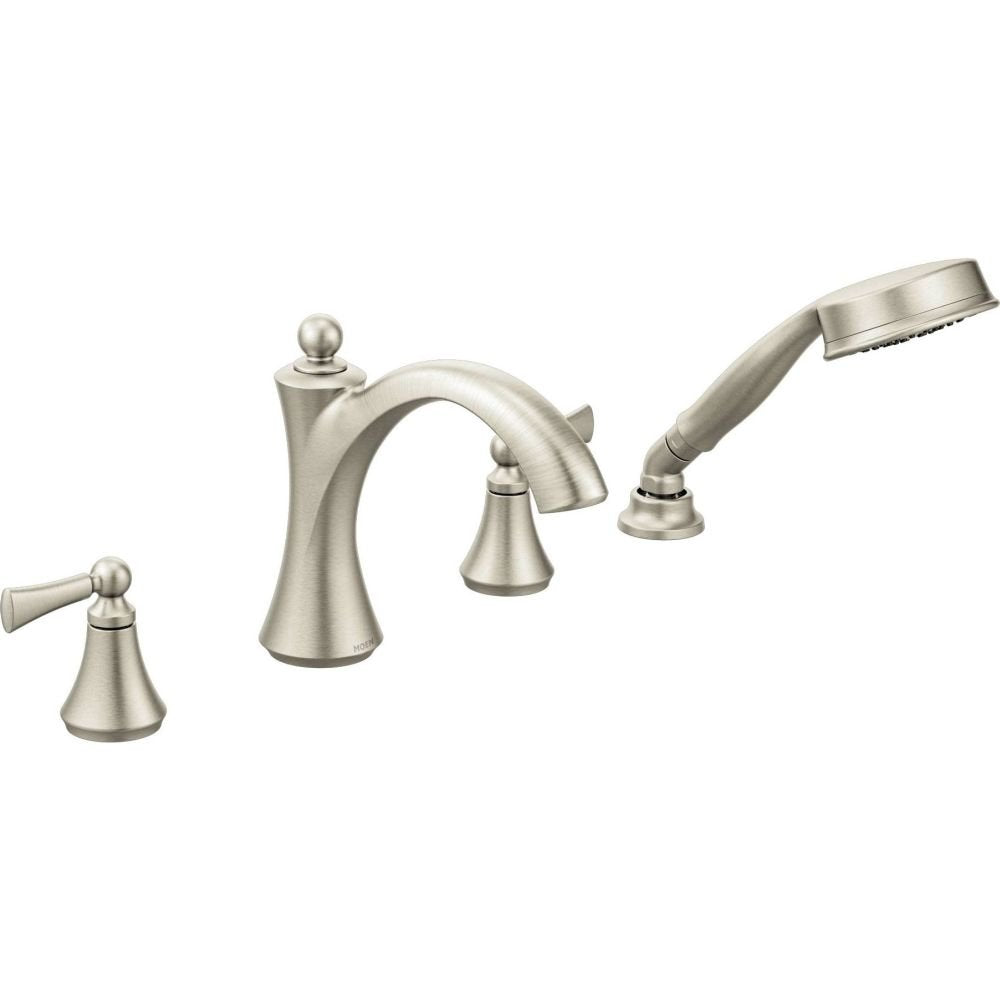 Brushed nickel two-handle roman tub faucet with curved spout, hand shower, and matching lever handles.