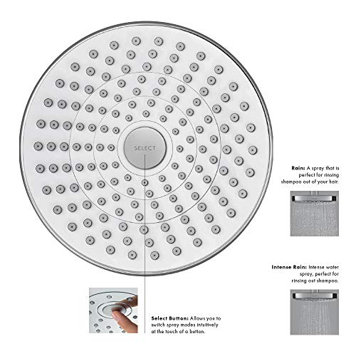 Brushed nickel circular shower head with multiple spray jets and center select button for spray mode adjustment.