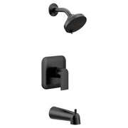 Matte black tub and shower trim kit with single handle control, matching showerhead, and tub spout.