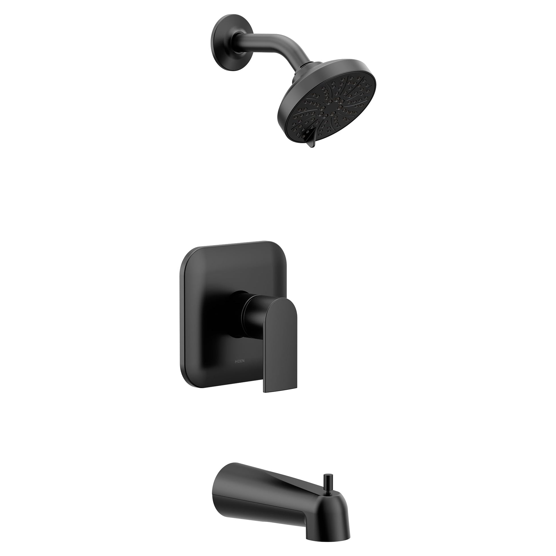 Matte black tub and shower trim kit with single handle control, matching showerhead, and tub spout.