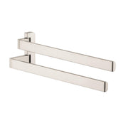 Brushed nickel dual towel bar with two horizontal bars mounted on a square wall bracket.