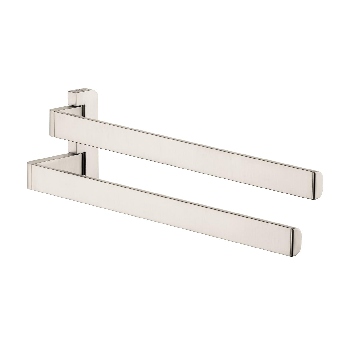 Brushed nickel dual towel bar with two horizontal bars mounted on a square wall bracket.