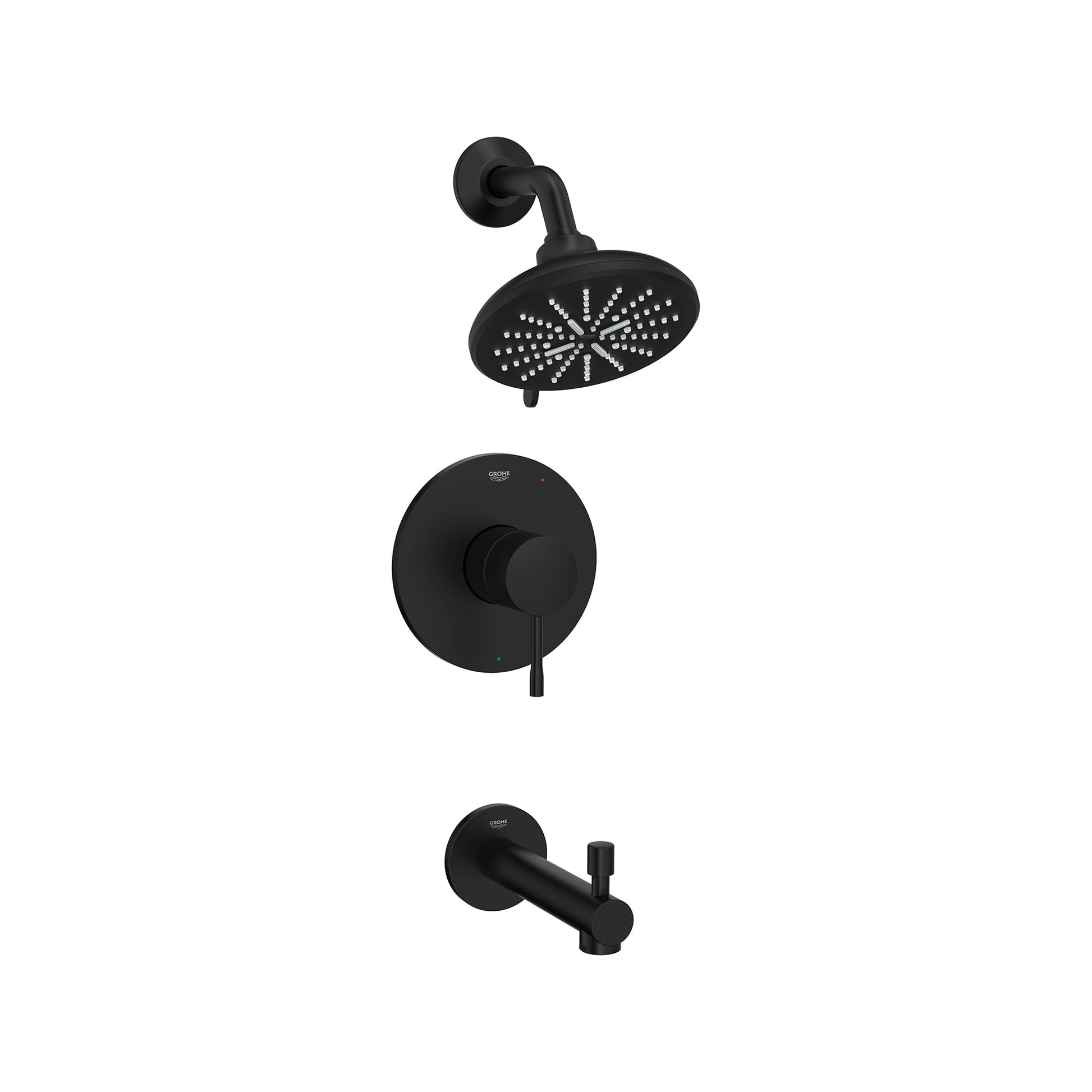 Matte black tub and shower combo valve with round showerhead, wall-mounted control trim, and tub spout.
