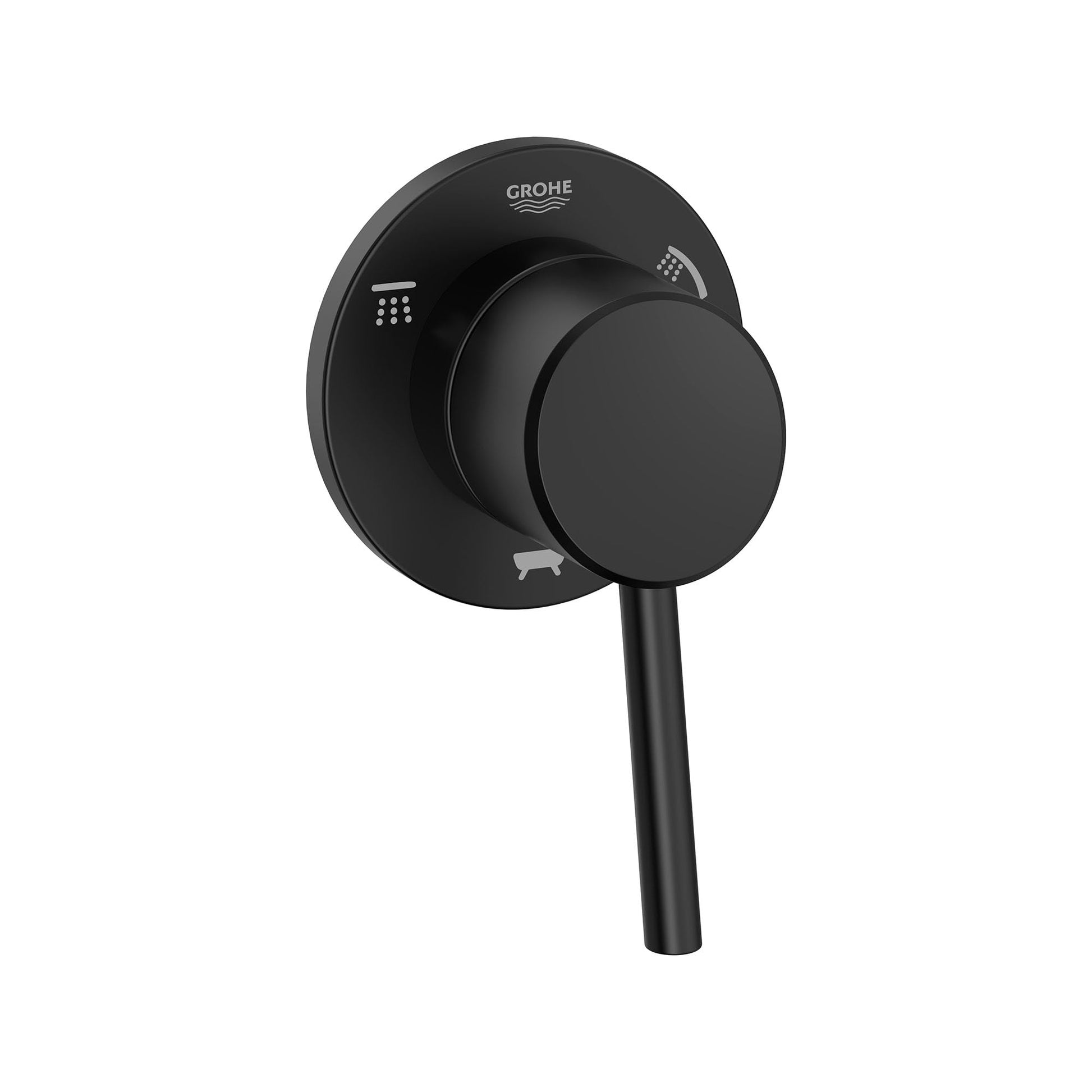 Matte black round diverter trim with single lever handle and shower outlet icons on circular backplate.