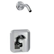 Chrome tub and shower trim with curved spout and wall-mounted control valve.