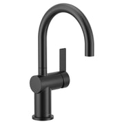 Matte black single-handle bar faucet with curved spout and rectangular lever handle on round base.