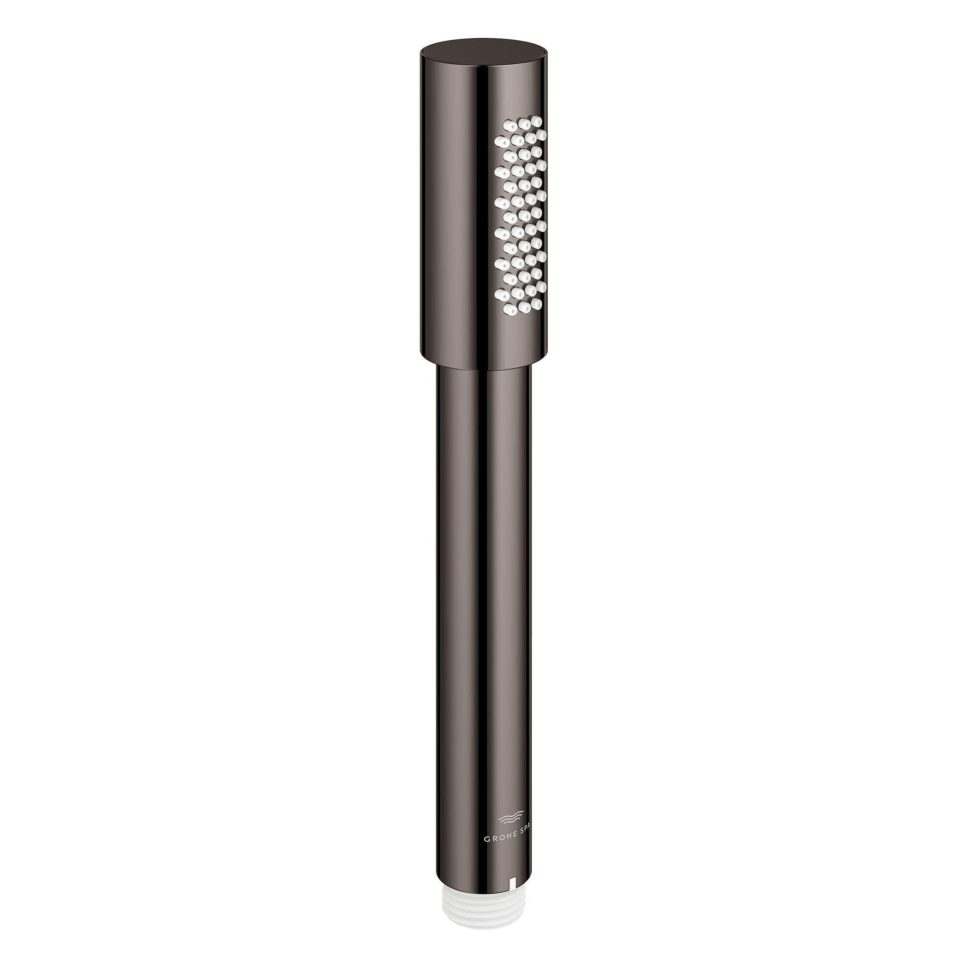 Hard graphite cylindrical hand shower with multiple spray jets arranged on one side of the head.