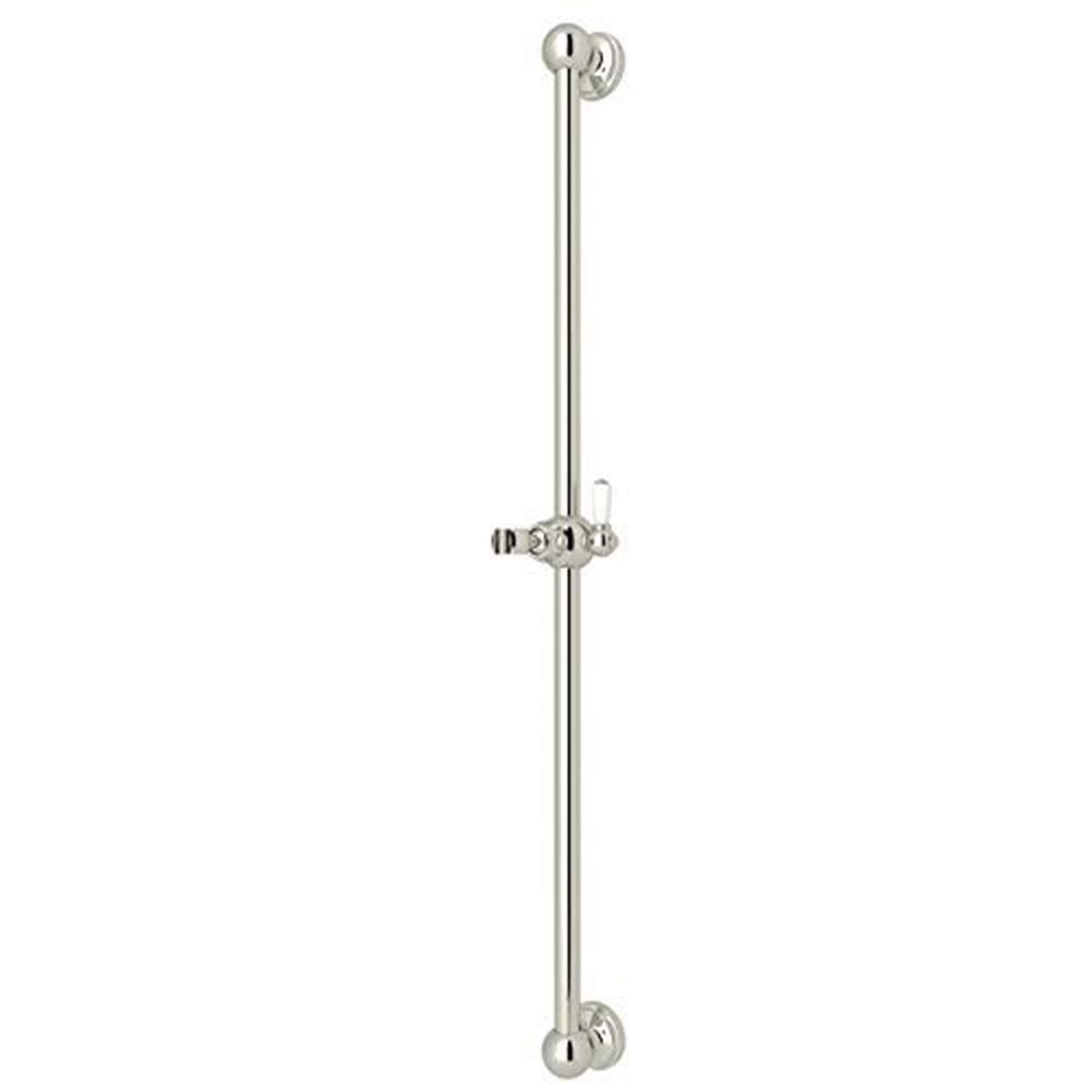 Polished nickel vertical slide bar with adjustable holder and wall-mounted brackets.