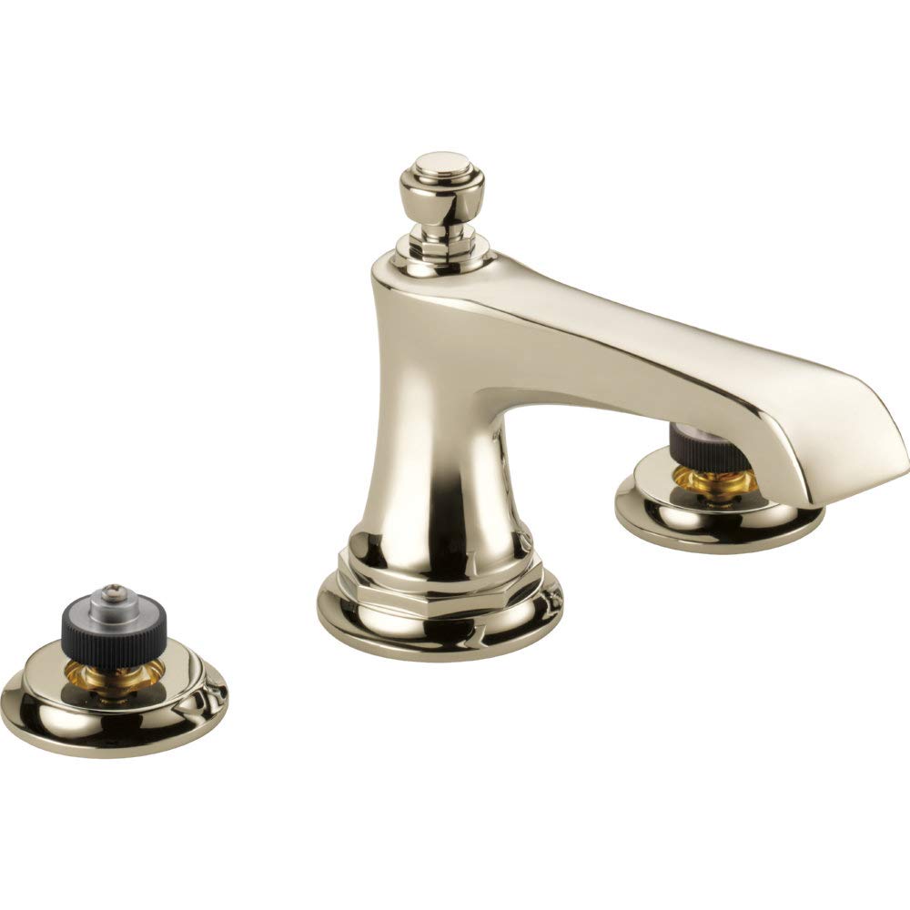Polished nickel three-piece widespread bathroom faucet with curved spout and two round valve bases with black adjustment knob