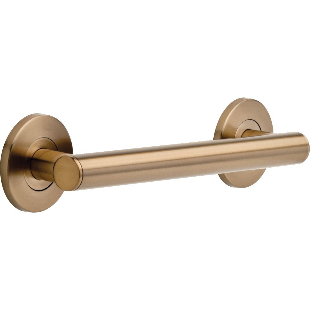 Champagne bronze 12-inch grab bar with cylindrical handle and round wall-mounted flanges.