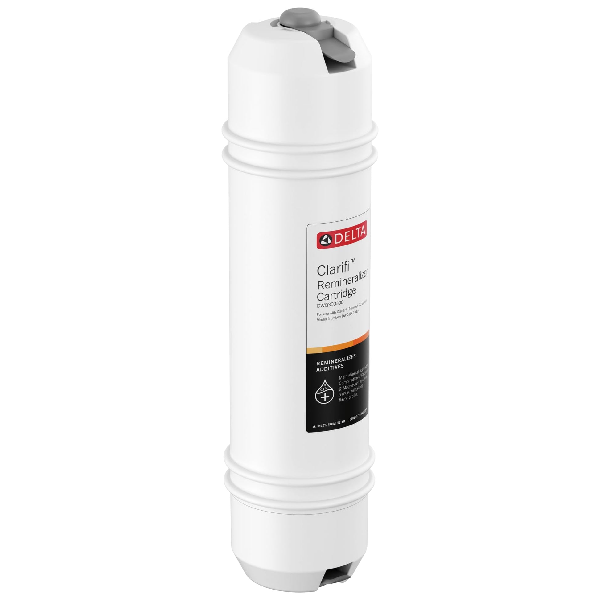 White cylindrical water filter cartridge with Delta Clarifi label and gray connector cap on top.