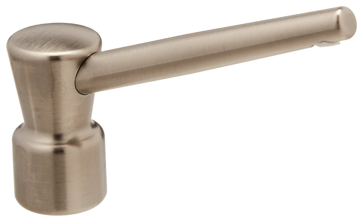 Stainless steel soap and lotion dispenser pump head with cylindrical body and angled spout.