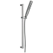 Chrome hand shower mounted on vertical slide bar with flexible hose connector.