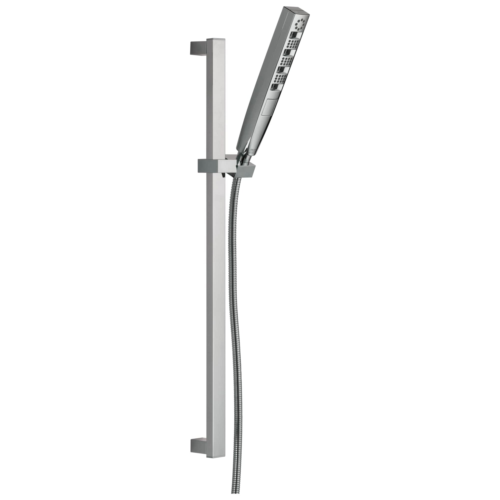 Chrome hand shower mounted on vertical slide bar with flexible hose connector.