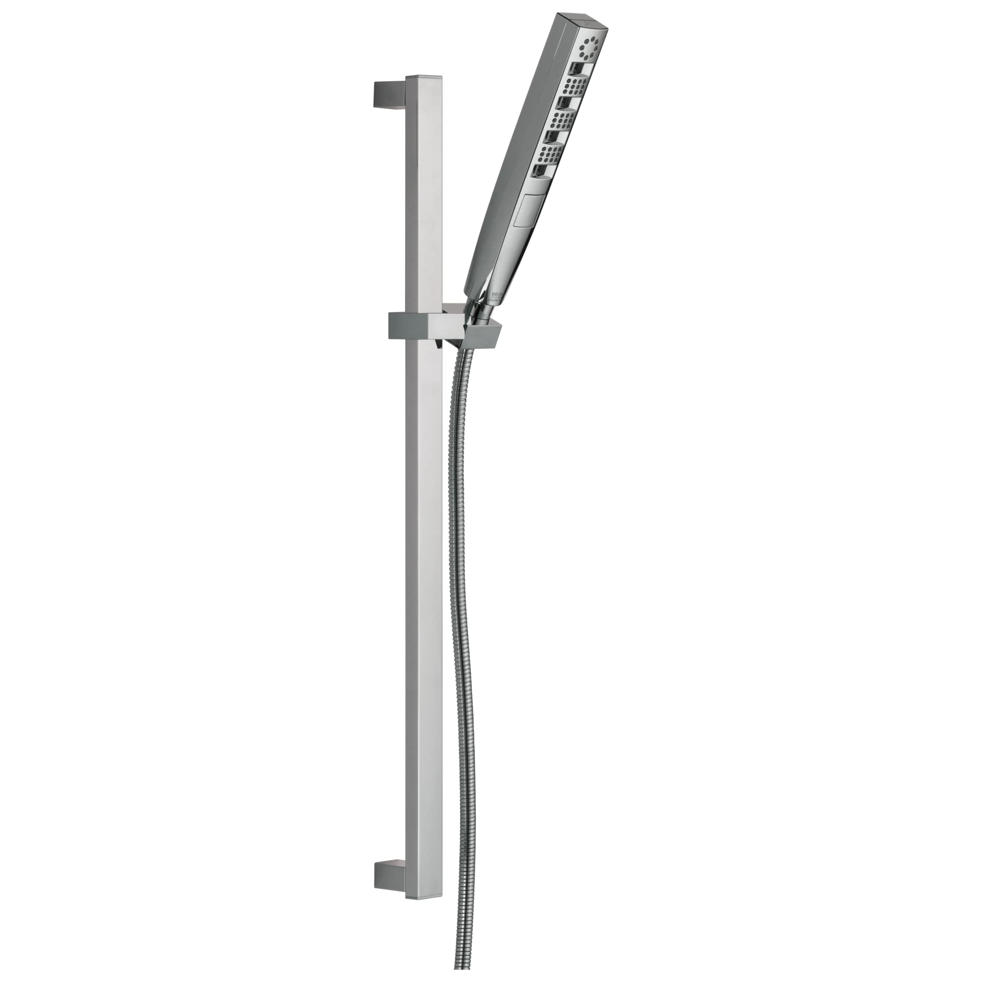 Chrome hand shower mounted on vertical slide bar with flexible hose connector.