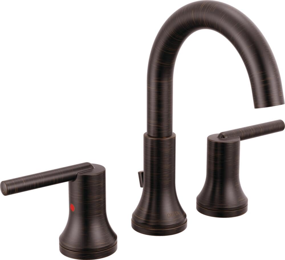 Bronze two-handle widespread bathroom faucet with curved spout and lever handles.