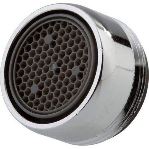 White chrome faucet aerator with honeycomb perforated screen insert and threaded base.