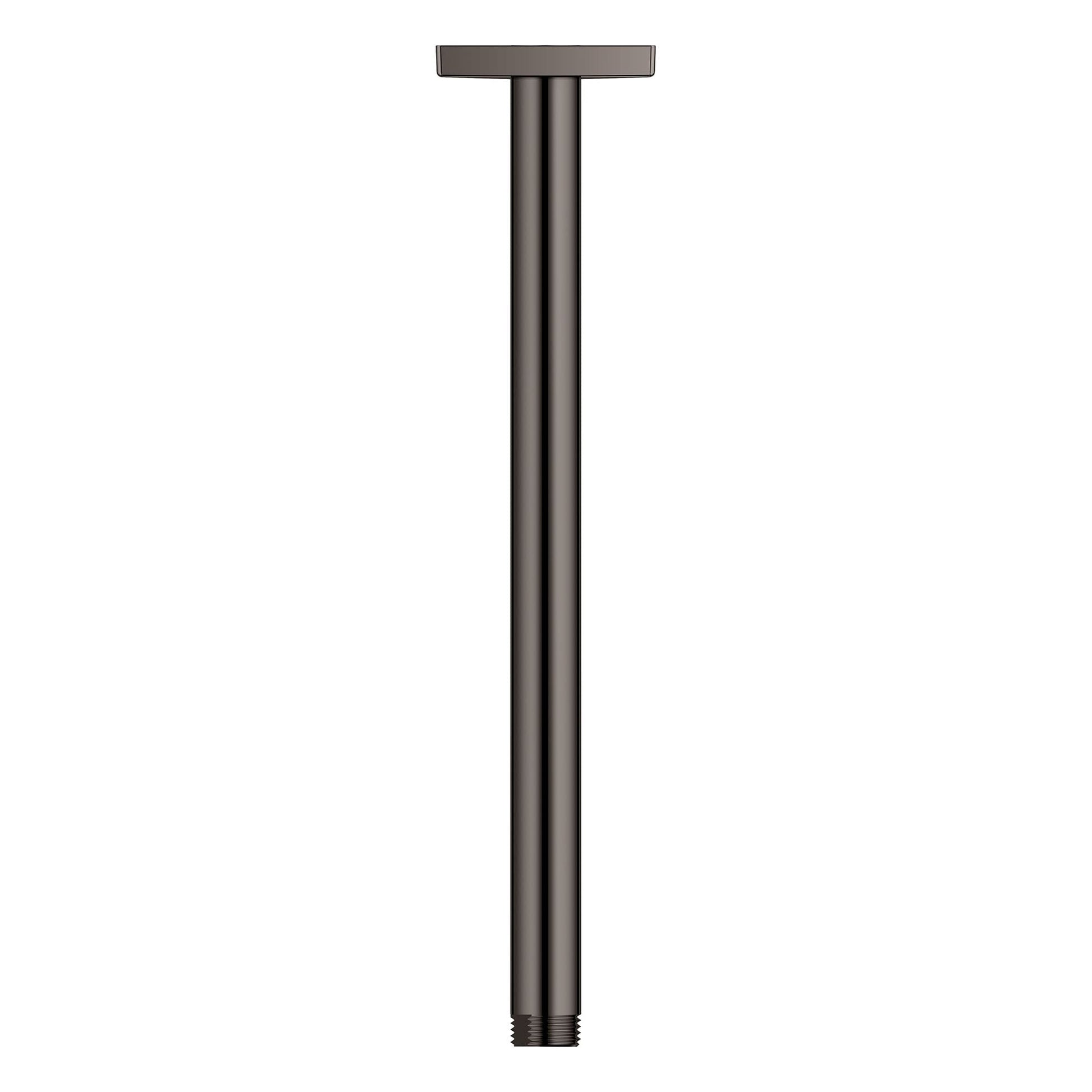 Dark gray cylindrical shower arm with square ceiling flange and threaded connection at bottom.