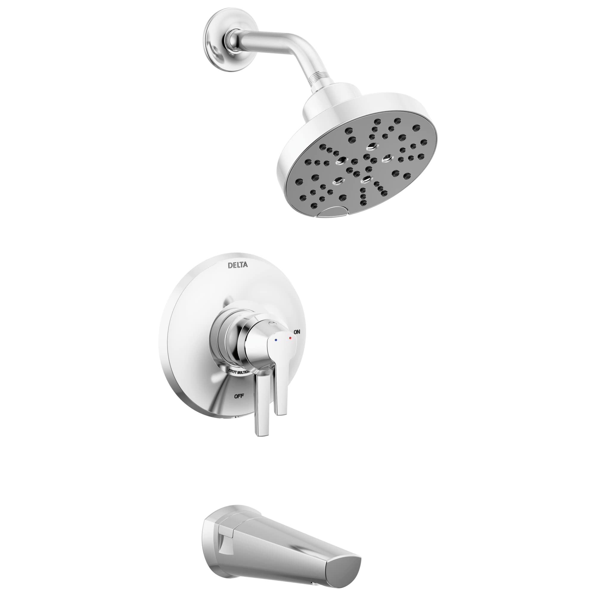Chrome showerhead with perforated spray pattern, curved arm, white trim plate with lever handles, and tub spout.