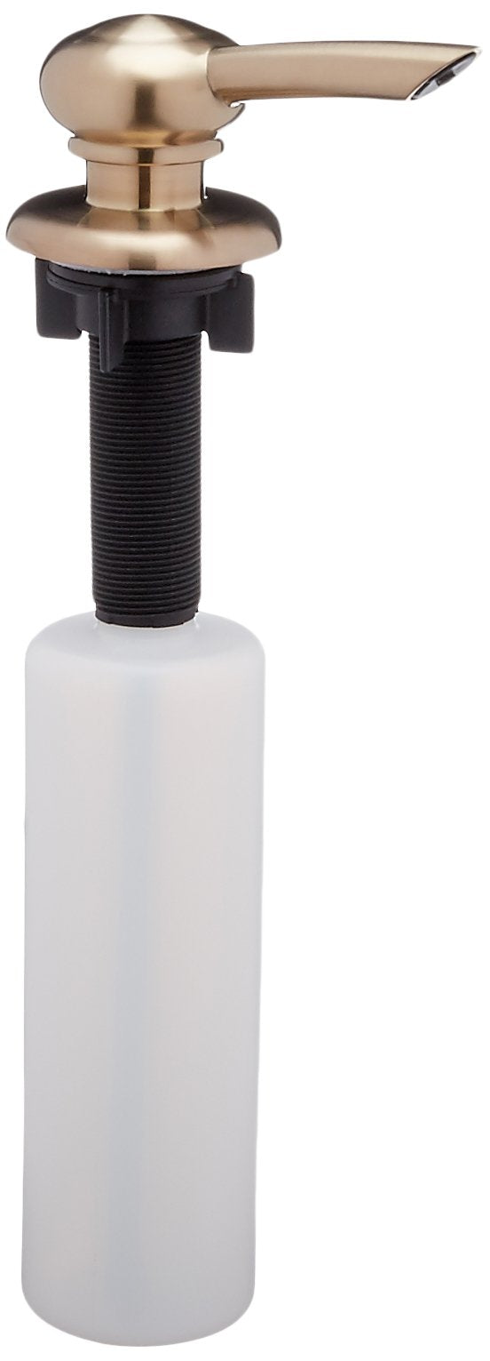 Champagne bronze soap and lotion dispenser with spherical pump head and frosted white bottle reservoir.