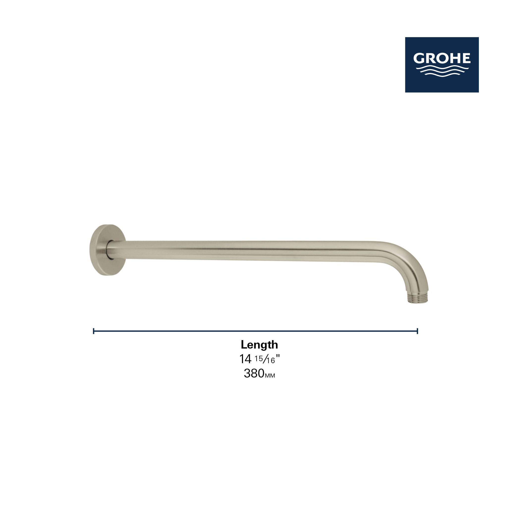 Brushed nickel shower arm with wall-mounted circular flange, 14 15/16 inches long.