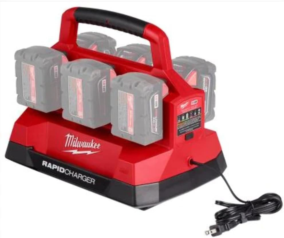 Red and black Milwaukee rapid charger with six battery slots, carrying handle, and attached power cord.