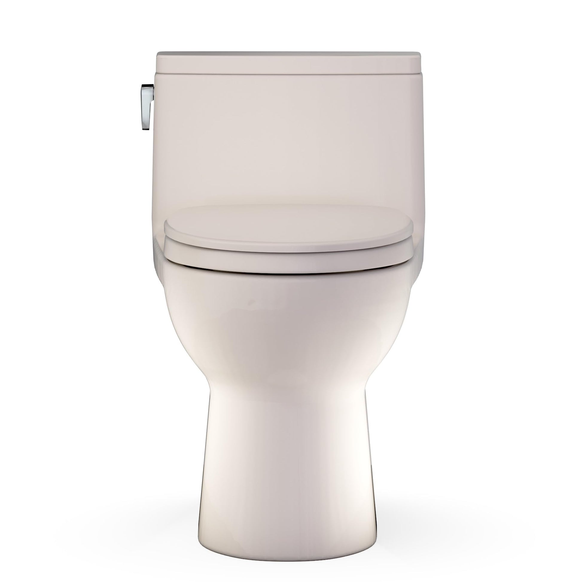 Bone-colored one-piece elongated toilet with closed seat and lid, viewed from front.