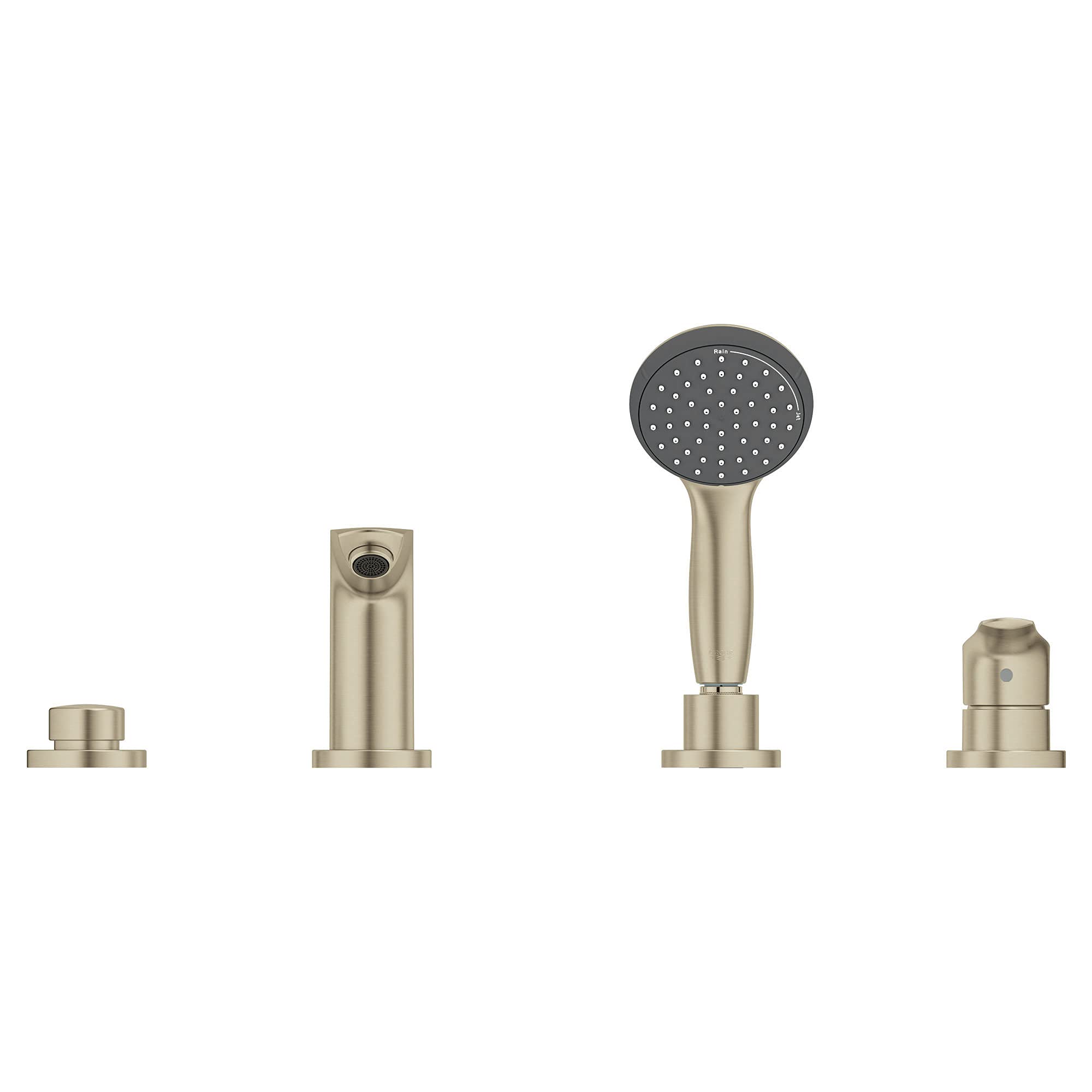 Brushed nickel deck-mount Roman tub faucet set with single handle, hand shower, and four separate mounting components.