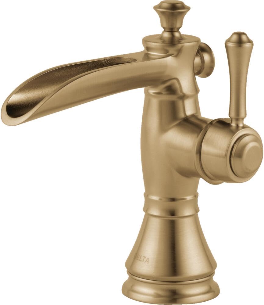 Champagne bronze single-handle bathroom faucet with curved spout, pop-up drain, and tapered base.