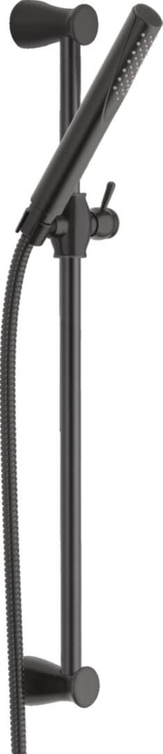 Matte black slide bar hand shower with perforated showerhead, adjustable bracket, and flexible hose connection.