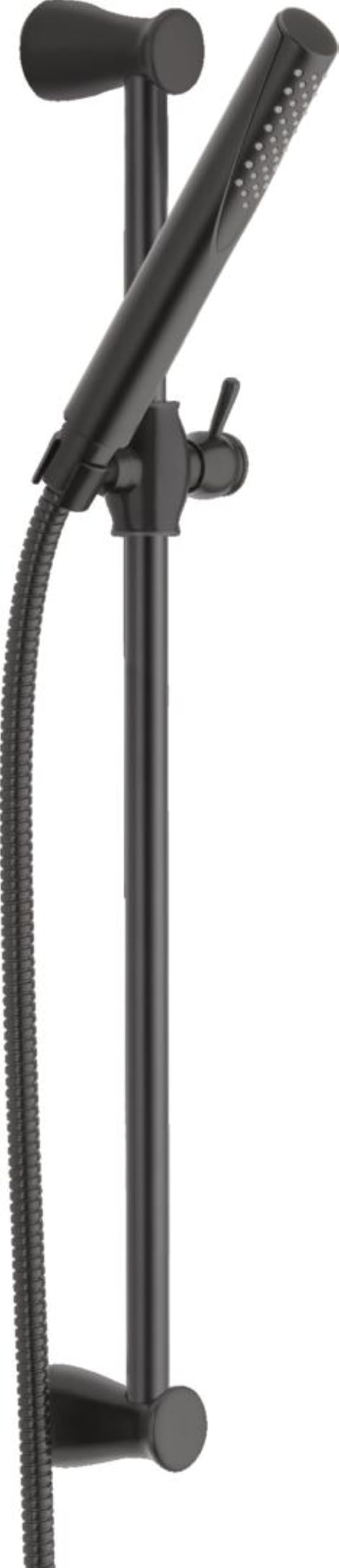 Matte black slide bar hand shower with perforated showerhead, adjustable bracket, and flexible hose connection.