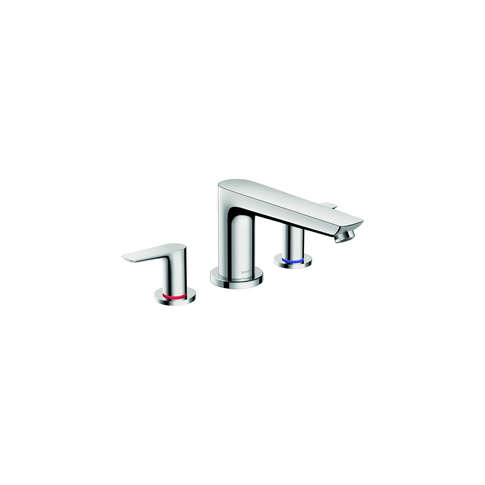 Chrome three-hole Roman tub faucet set with two lever handles and curved spout.