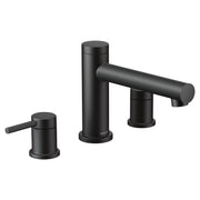 Matte black two-handle deck mount roman tub faucet with cylindrical spout and round handles.