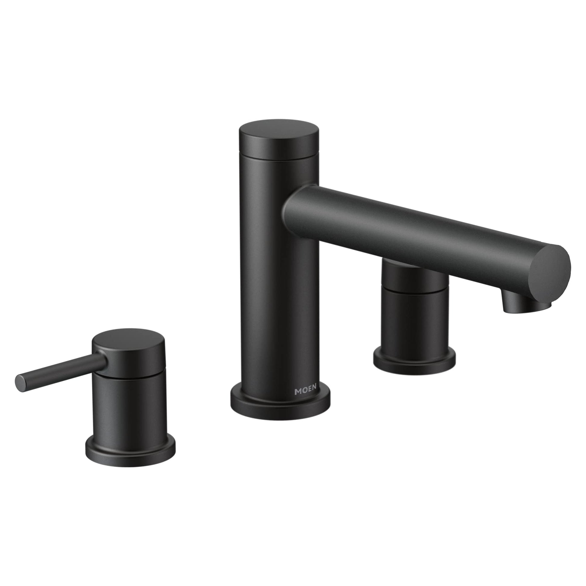 Matte black two-handle deck mount roman tub faucet with cylindrical spout and round handles.