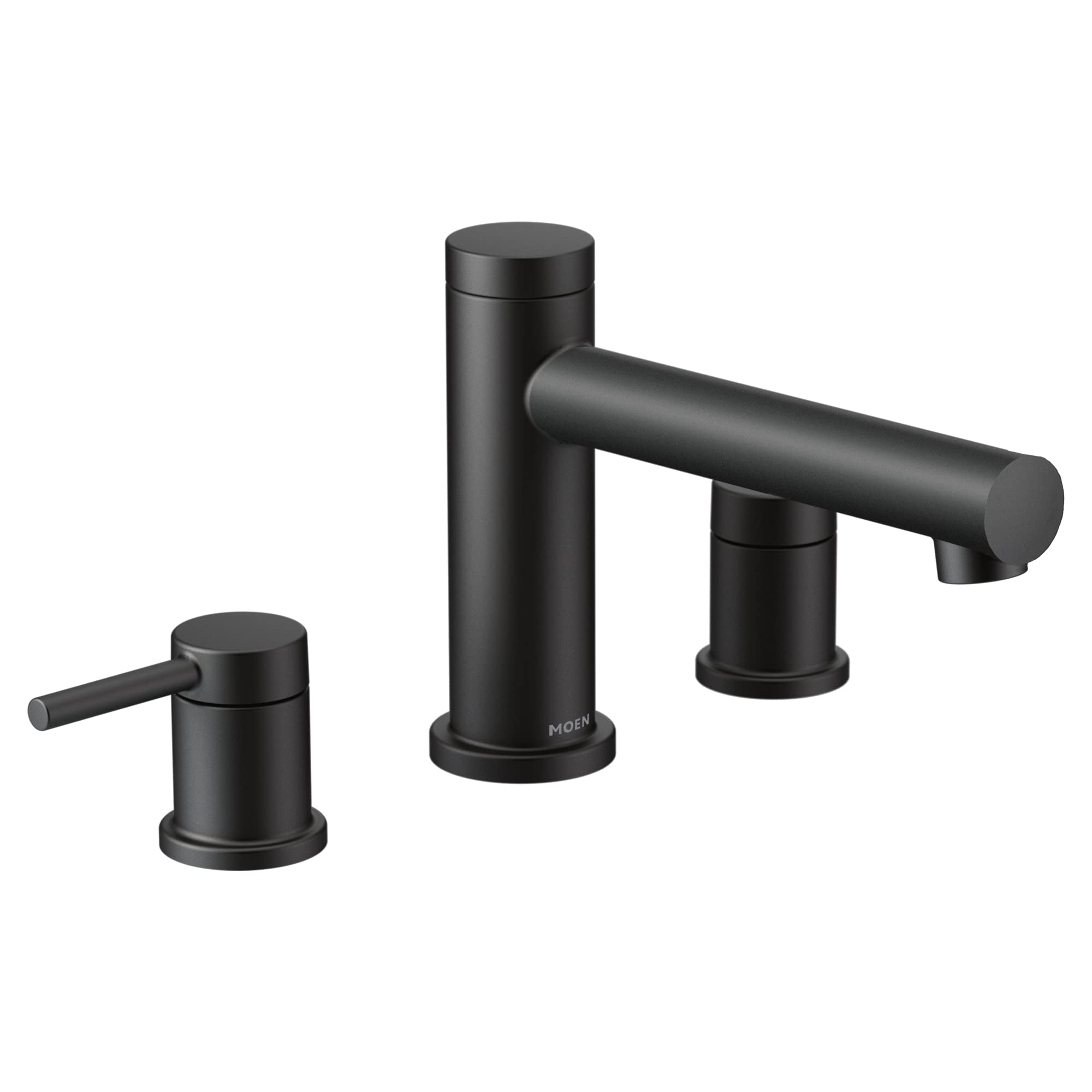 Matte black two-handle deck mount roman tub faucet with cylindrical spout and round handles.