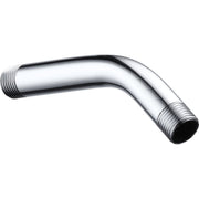 Chrome-finished shower arm with threaded connections at both ends, angled downward design.