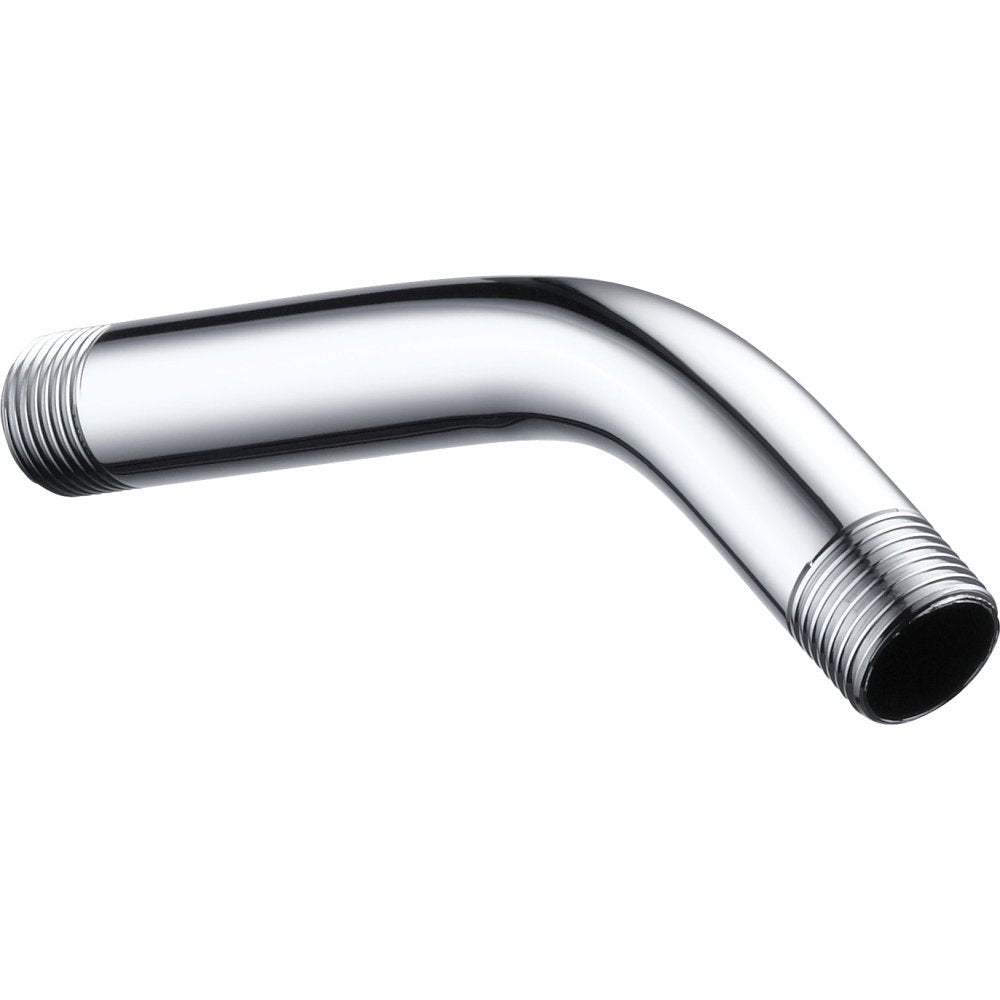 Chrome-finished shower arm with threaded connections at both ends, angled downward design.