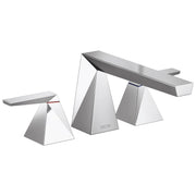 Chrome two-handle roman tub trim with geometric spout and trapezoidal handles mounted on white background.