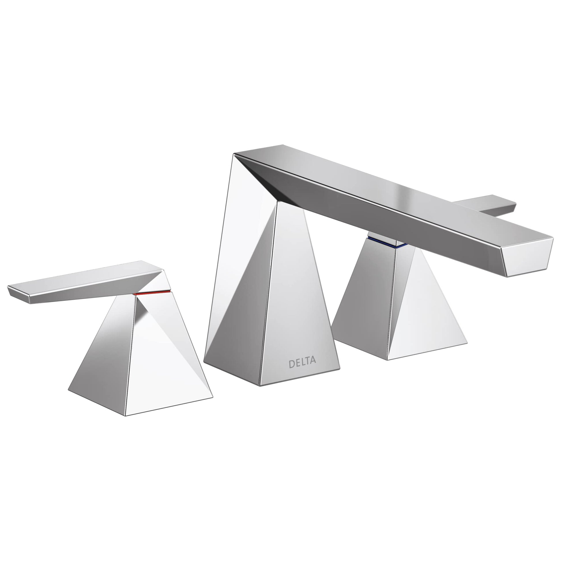 Chrome two-handle roman tub trim with geometric spout and trapezoidal handles mounted on white background.