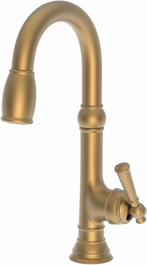 Satin bronze pull-down prep faucet with curved spout and single lever handle.