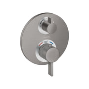 Brushed black chrome thermostatic shower trim with two round knobs and temperature dial marked to 100 degrees.