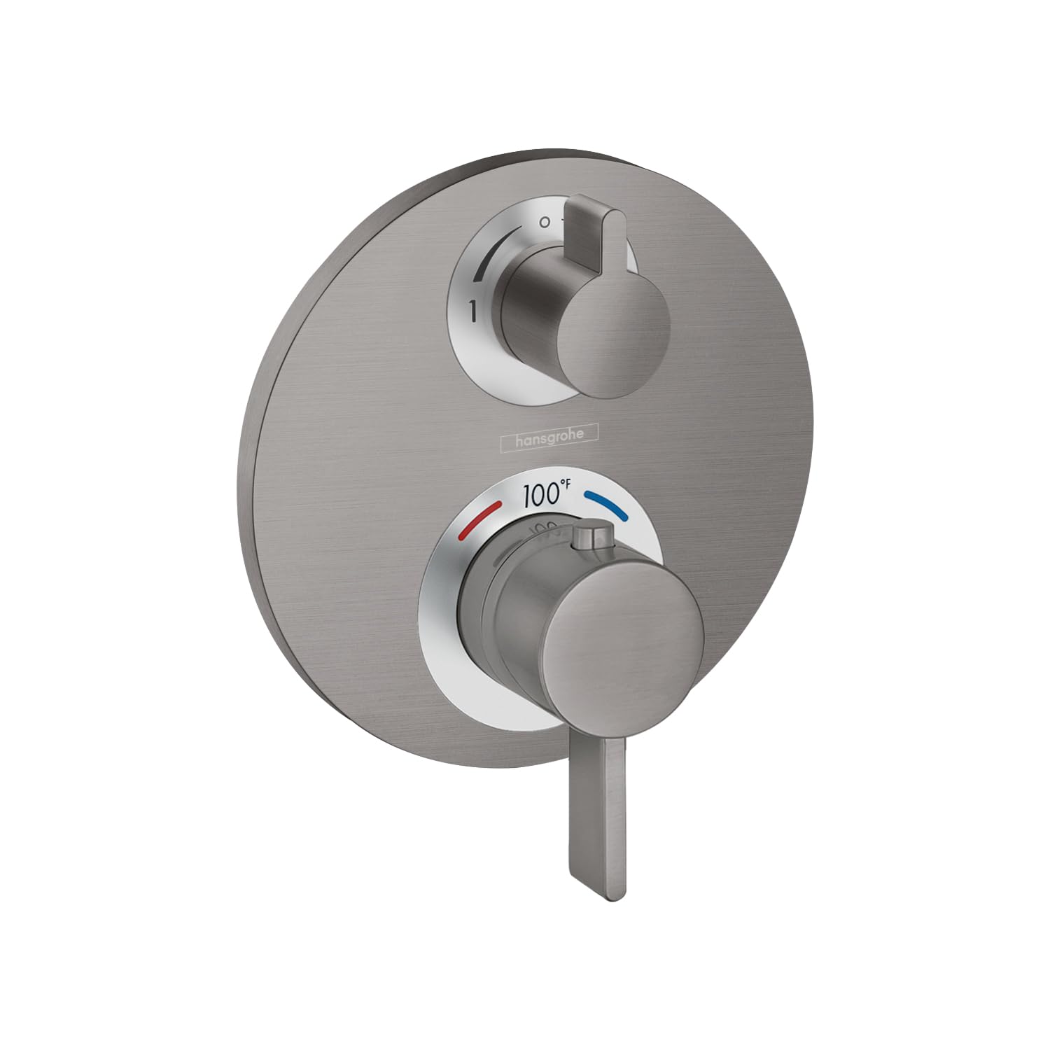 Brushed black chrome thermostatic shower trim with two round knobs and temperature dial marked to 100 degrees.