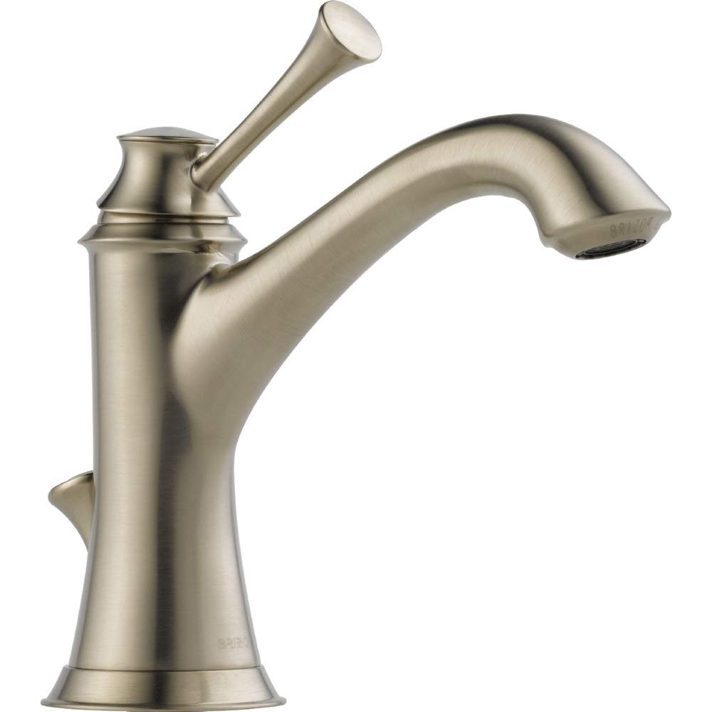 Brushed nickel single-handle bathroom faucet with curved spout and lever handle on cylindrical base.
