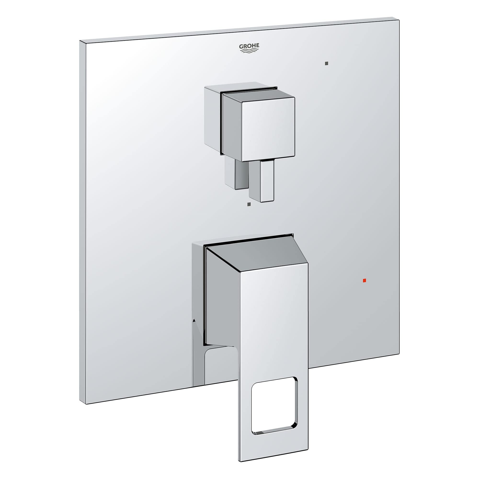 Grohe Eurocube chrome pressure balance valve trim with square handles and 2-way diverter mounted on white wall plate.