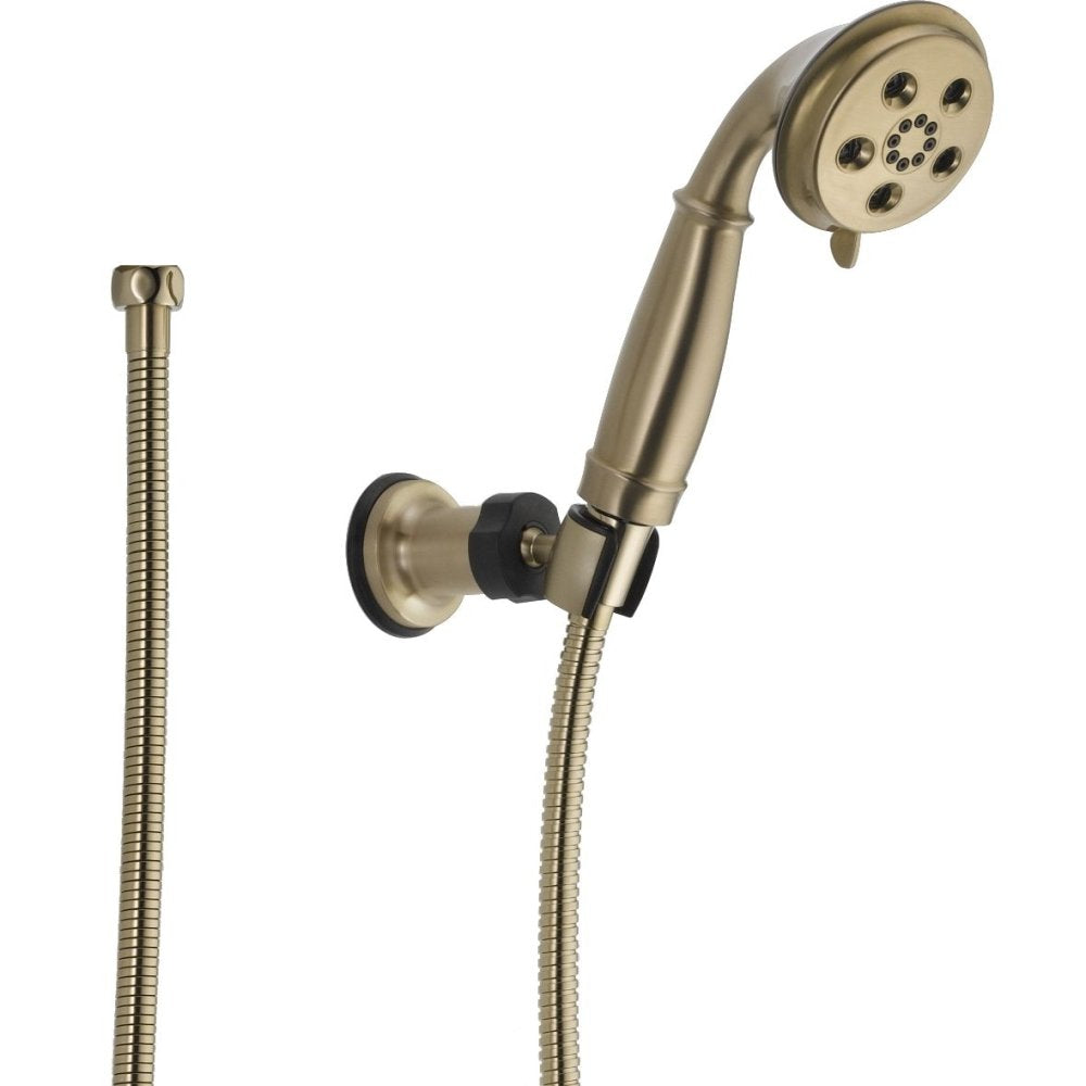 Champagne bronze hand shower with adjustable wall mount bracket, flexible hose, and circular showerhead with multiple spray j