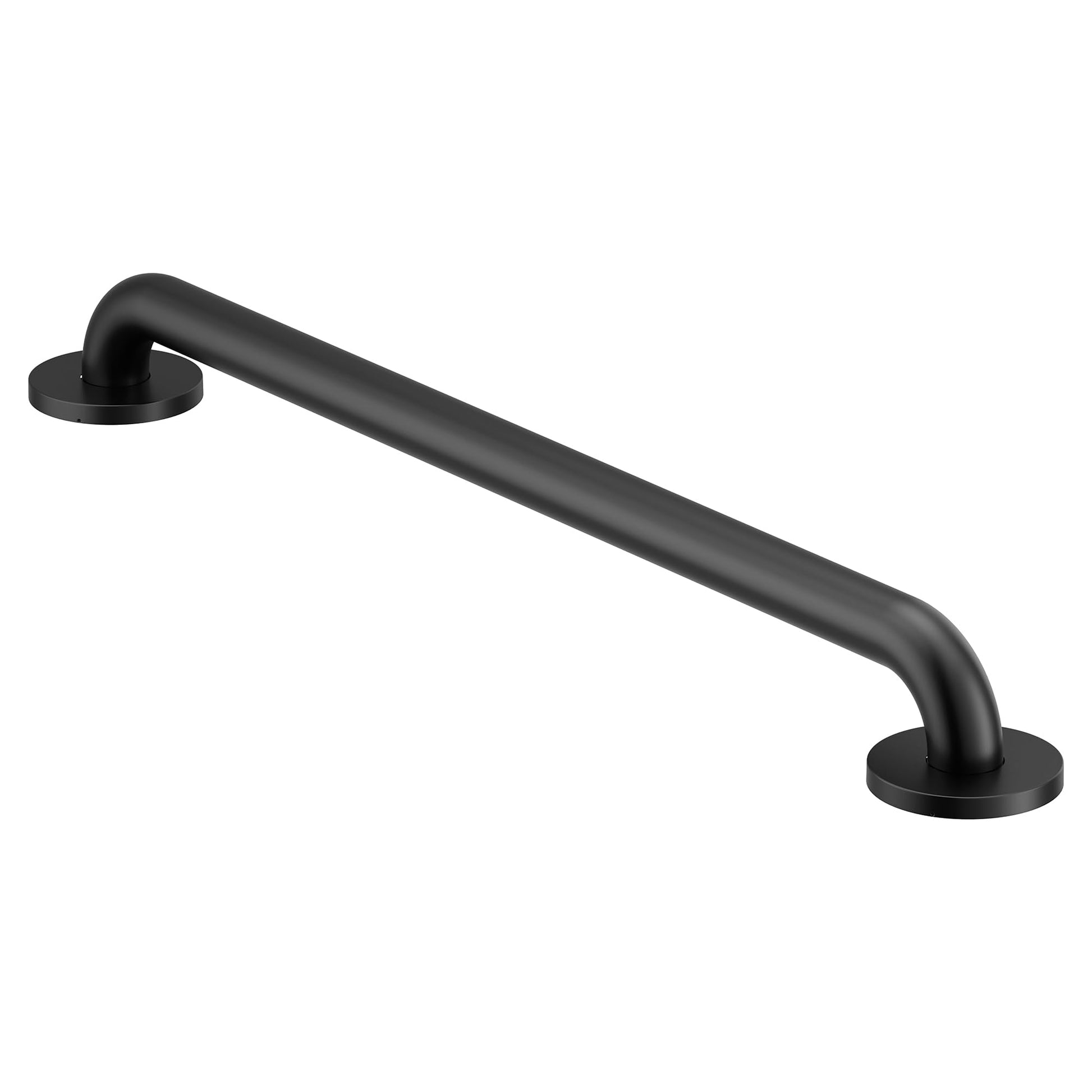 Black curved grab bar with circular mounting flanges at each end, positioned horizontally.