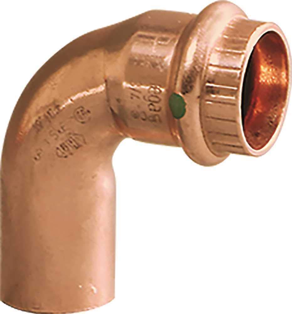 Copper 90-degree street elbow fitting with press connection on one end and threaded female connection on the other.