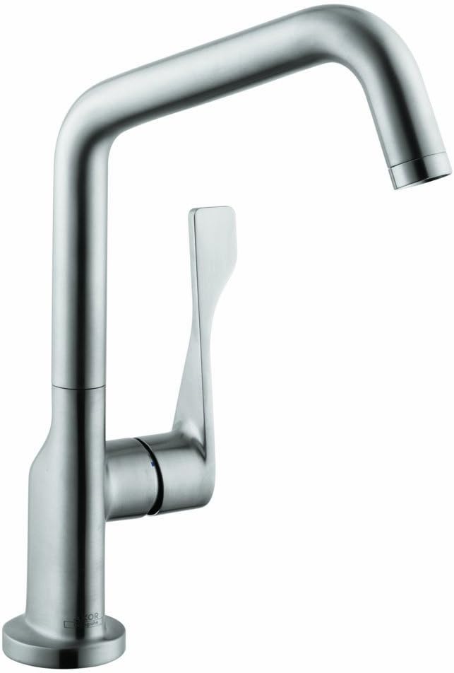 Steel optic kitchen faucet with angular spout, single lever handle, and round base.